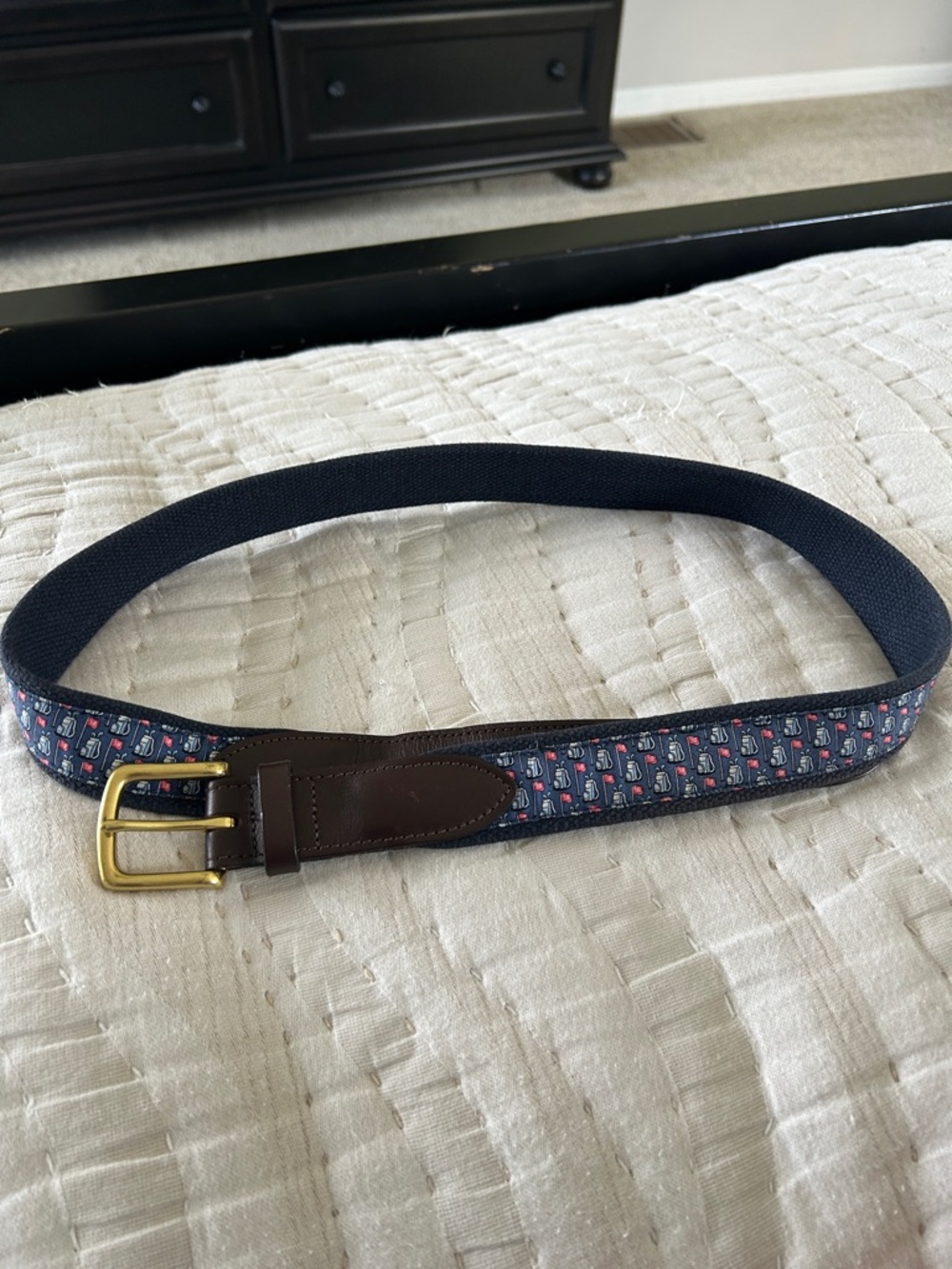 Vineyard Vines Men's Navy Embroidered Canvas Belt with Brown Leather Trim